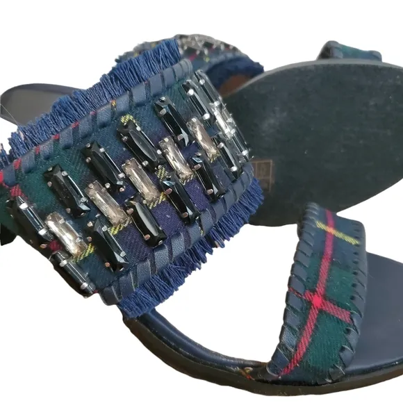 NEW Jack Rogers Beatrix Bejeweled Plaid Block Heel Slide On Sandal