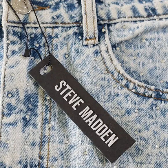NEW Steve Madden LIght Blue Beck Denim Rhinestone Skirt Women's Size 6