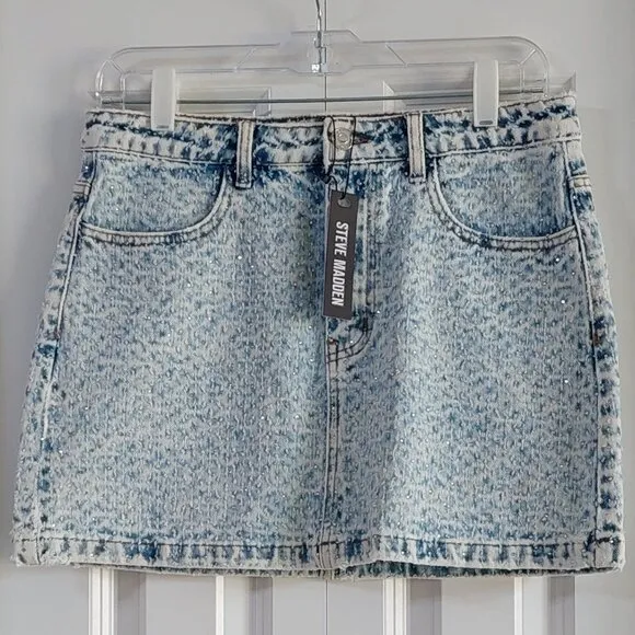 NEW Steve Madden LIght Blue Beck Denim Rhinestone Skirt Women's Size 6