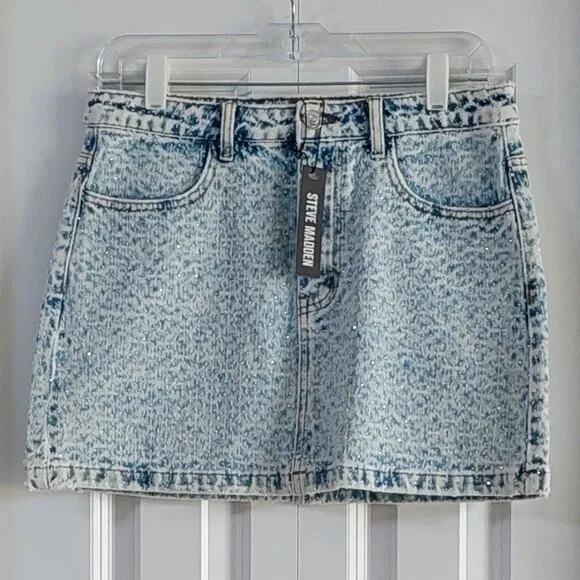 NEW Steve Madden LIght Blue Beck Denim Rhinestone Skirt Women's Size 6