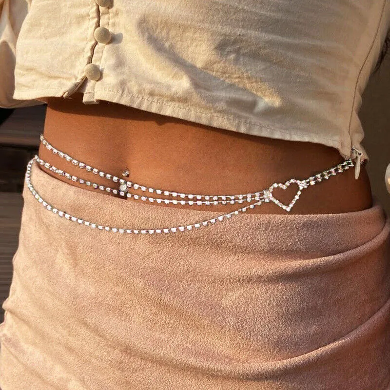 New Women's Rhinestone Heart Waist Chain Belt Jewelry Crystal Belly Body Chain
