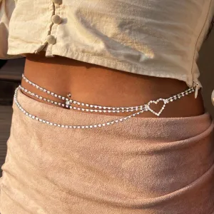 New Women's Rhinestone Heart Waist Chain Belt Jewelry Crystal Belly Body Chain