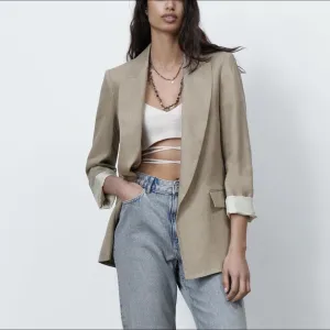 New ZARA WOMEN OVERSIZED NEW LINEN BLAZER WITH PRINTED SLEEVES BEIGE, Sz S!