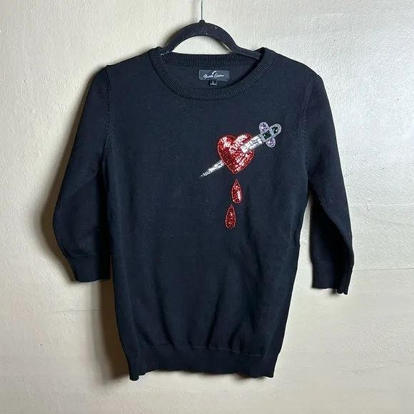 Nicoletta Carlone Jezebel Pierced Heart Sequin Dagger Quarter sleeve Sweater Lg