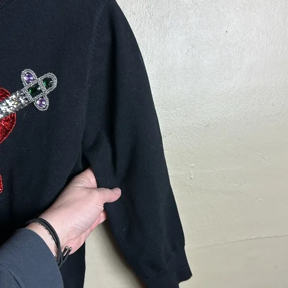 Nicoletta Carlone Jezebel Pierced Heart Sequin Dagger Quarter sleeve Sweater Lg