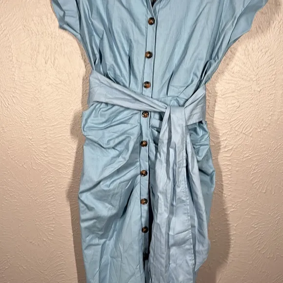 NWT MICAS Baby Blue Pleated Waist Tie Midi Shirt Dress Women's Size Medi…