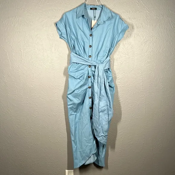 NWT MICAS Baby Blue Pleated Waist Tie Midi Shirt Dress Women's Size Medi…