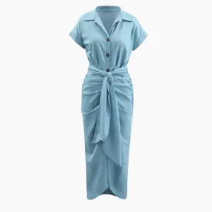 NWT MICAS Baby Blue Pleated Waist Tie Midi Shirt Dress Women's Size Medi…