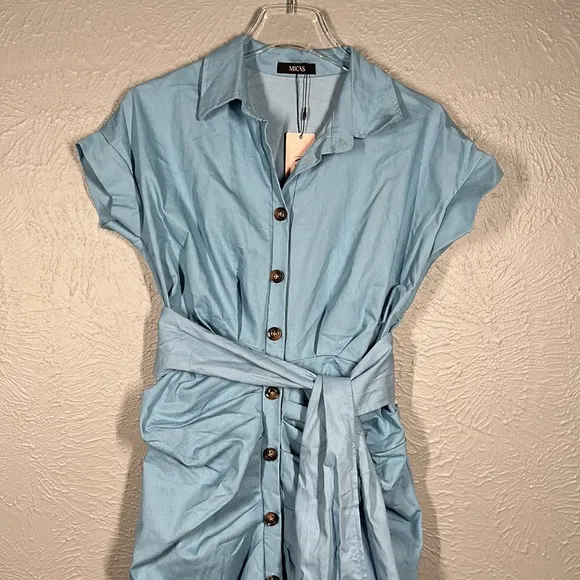 NWT MICAS Baby Blue Pleated Waist Tie Midi Shirt Dress Women's Size Medi…