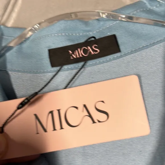 NWT MICAS Baby Blue Pleated Waist Tie Midi Shirt Dress Women's Size Medi…