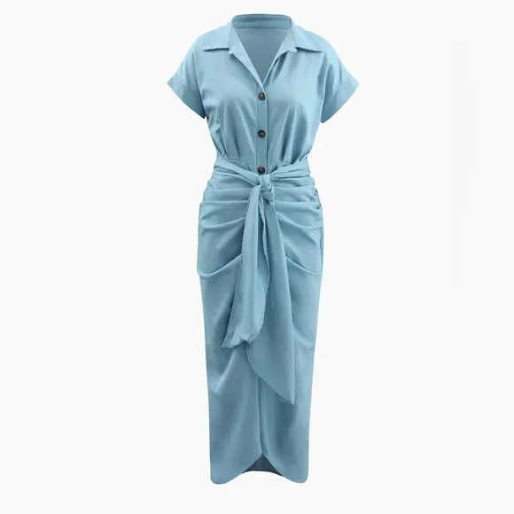 NWT MICAS Baby Blue Pleated Waist Tie Midi Shirt Dress Women's Size Medi…