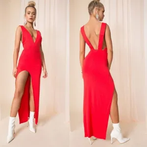 NWT Superdown Erika Deep V Stretch Jersey Red Maxi Dress Full Length M