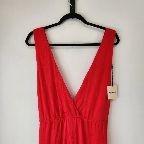 NWT Superdown Erika Deep V Stretch Jersey Red Maxi Dress Full Length M
