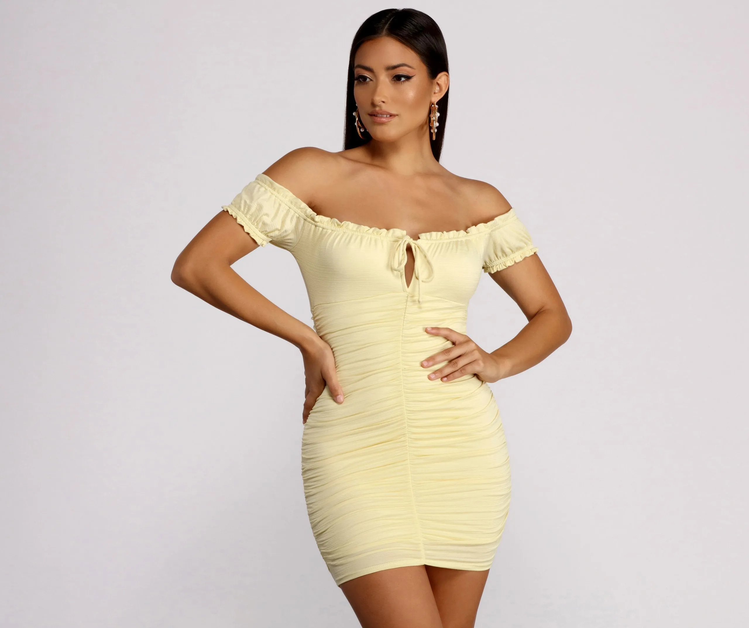 Oh So Dainty Ruffle Trim Trendy Off Shoulder Ruched Mini Dress