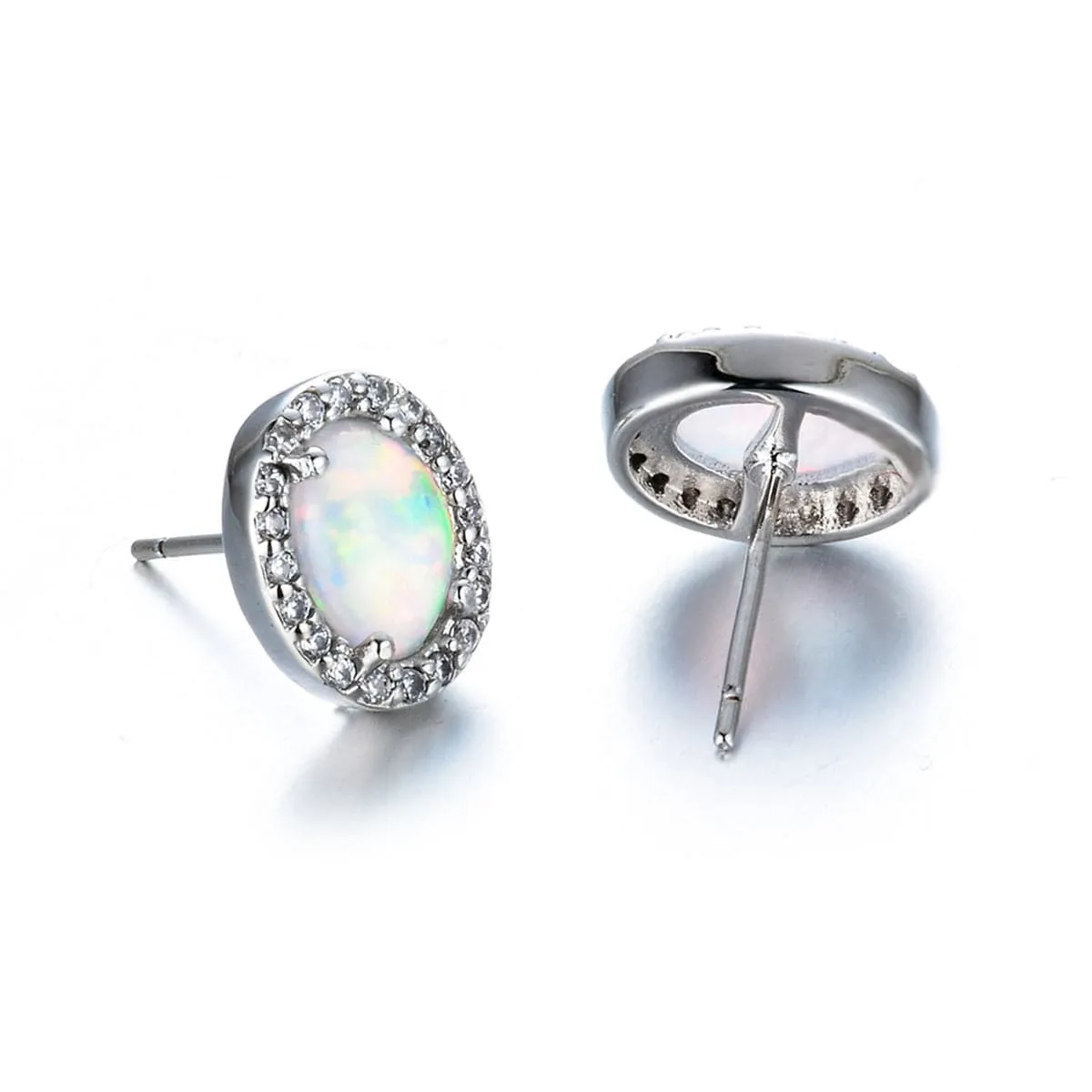Opal & Cubic Zirconia Oval Halo Stud Earrings