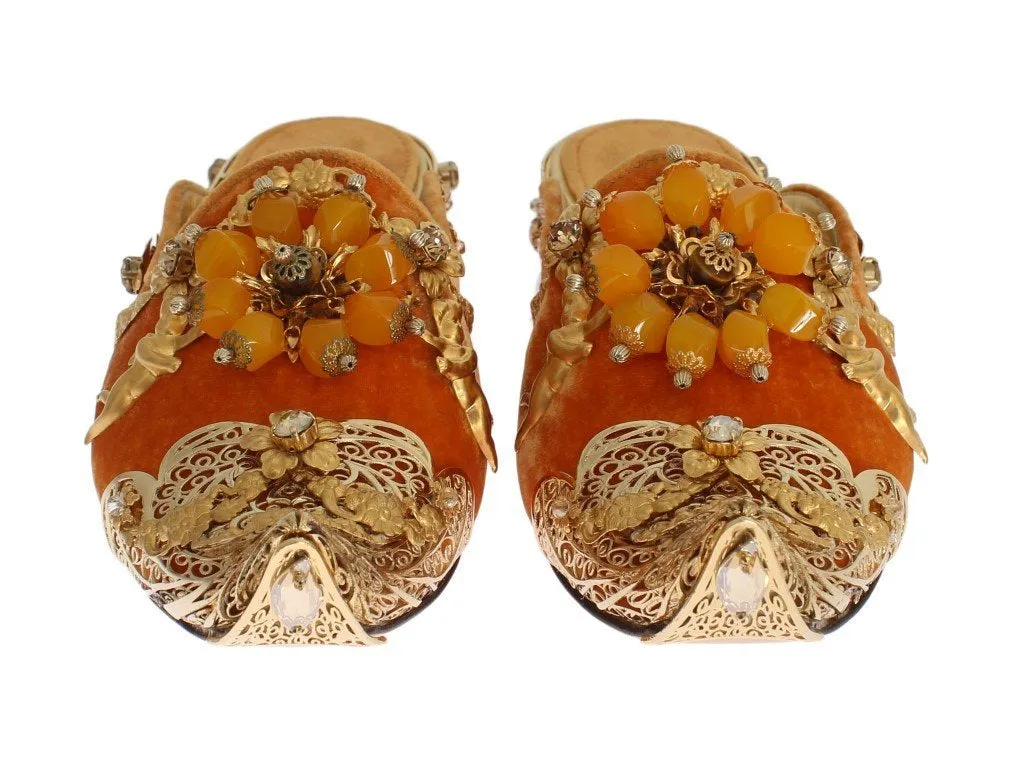 Orange Crystal Slides Flat Sandals