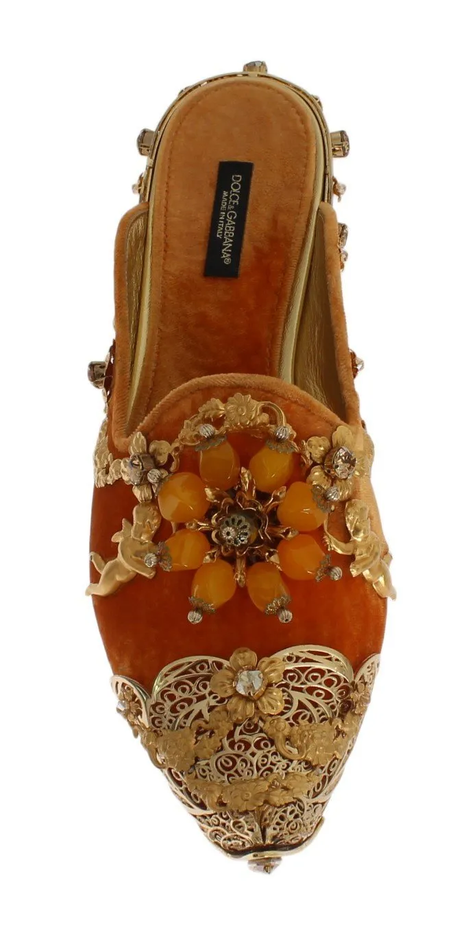 Orange Crystal Slides Flat Sandals