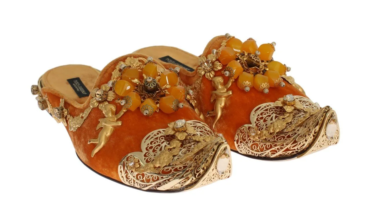 Orange Crystal Slides Flat Sandals