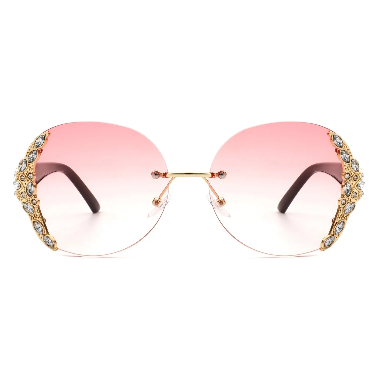 Oval Rimless Rhinestone Round Oversize Sunglasses