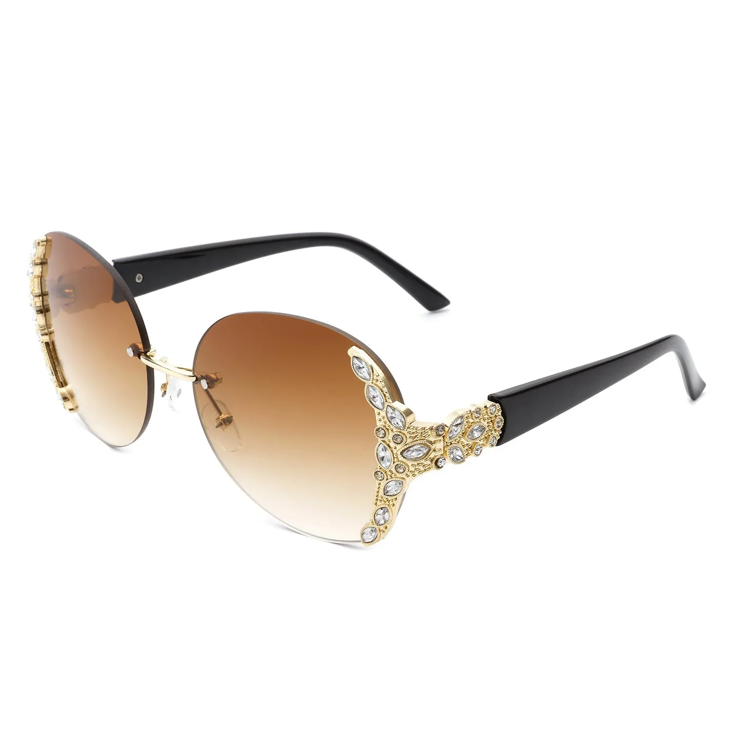 Oval Rimless Rhinestone Round Oversize Sunglasses