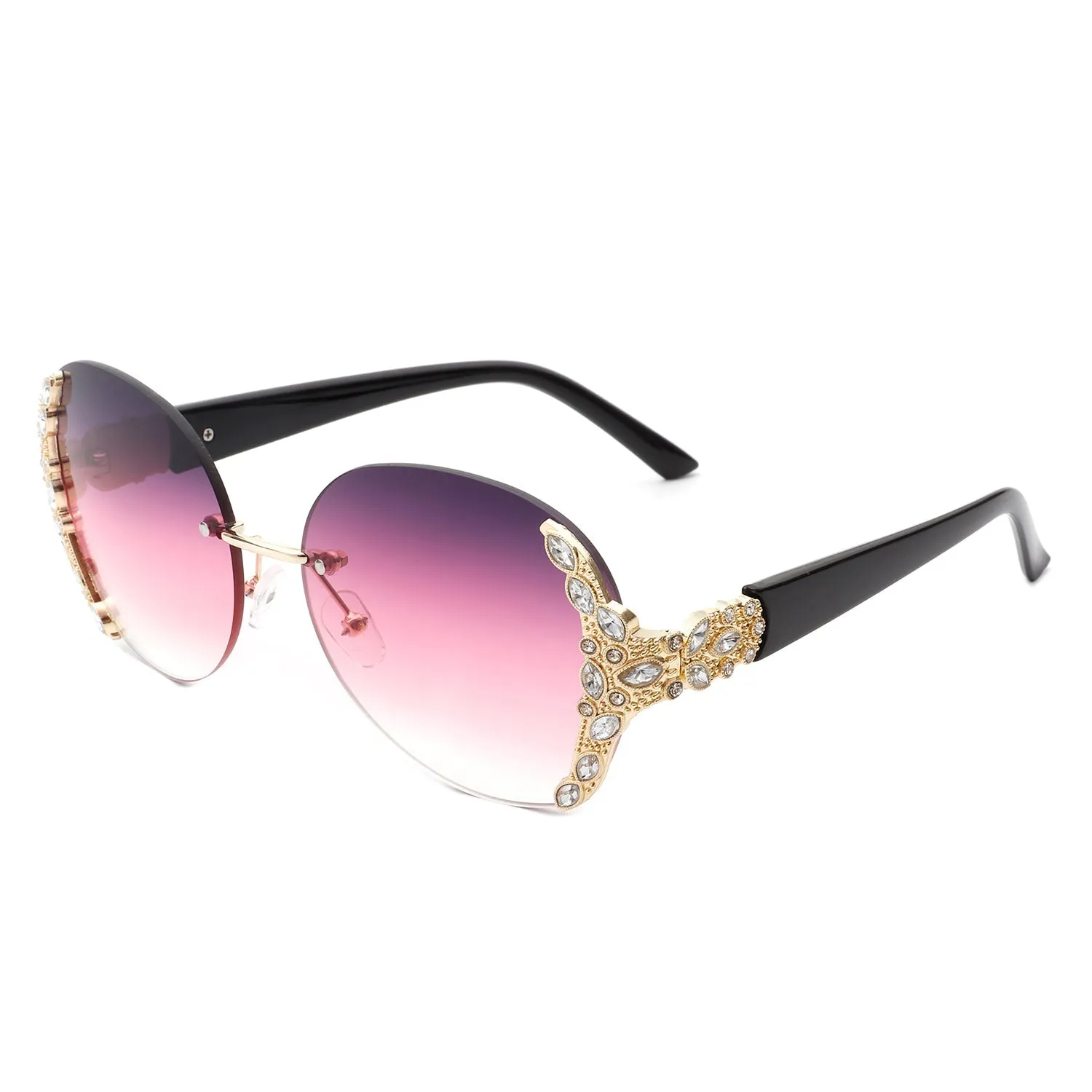 Oval Rimless Rhinestone Round Oversize Sunglasses