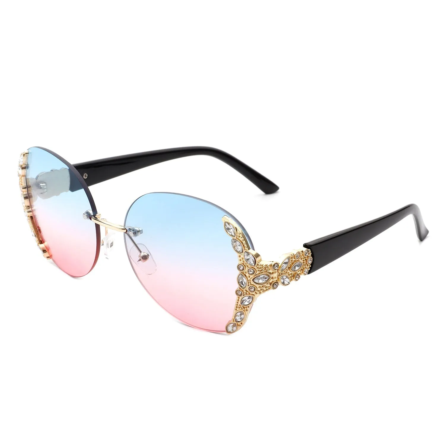 Oval Rimless Rhinestone Round Oversize Sunglasses