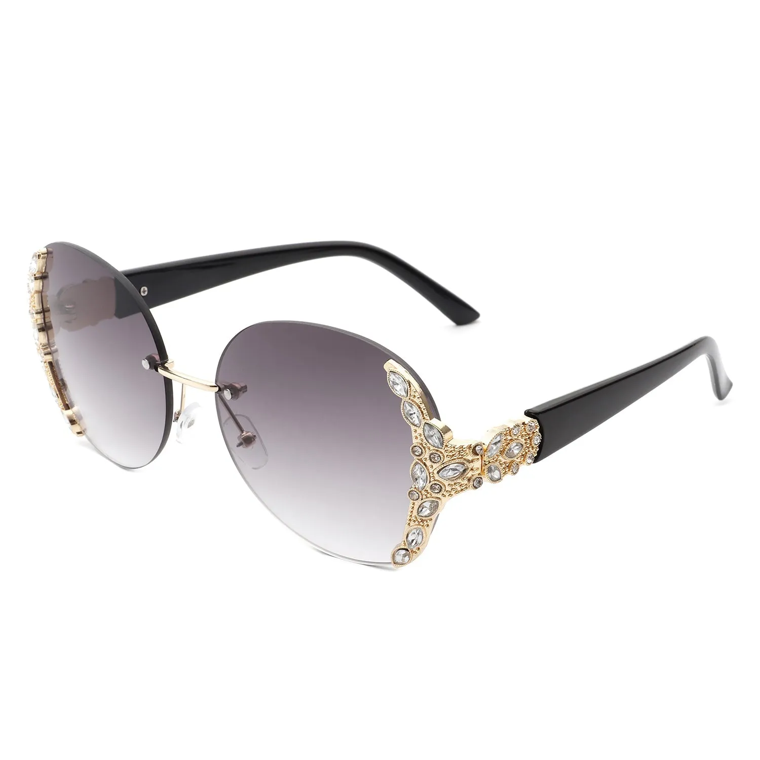 Oval Rimless Rhinestone Round Oversize Sunglasses