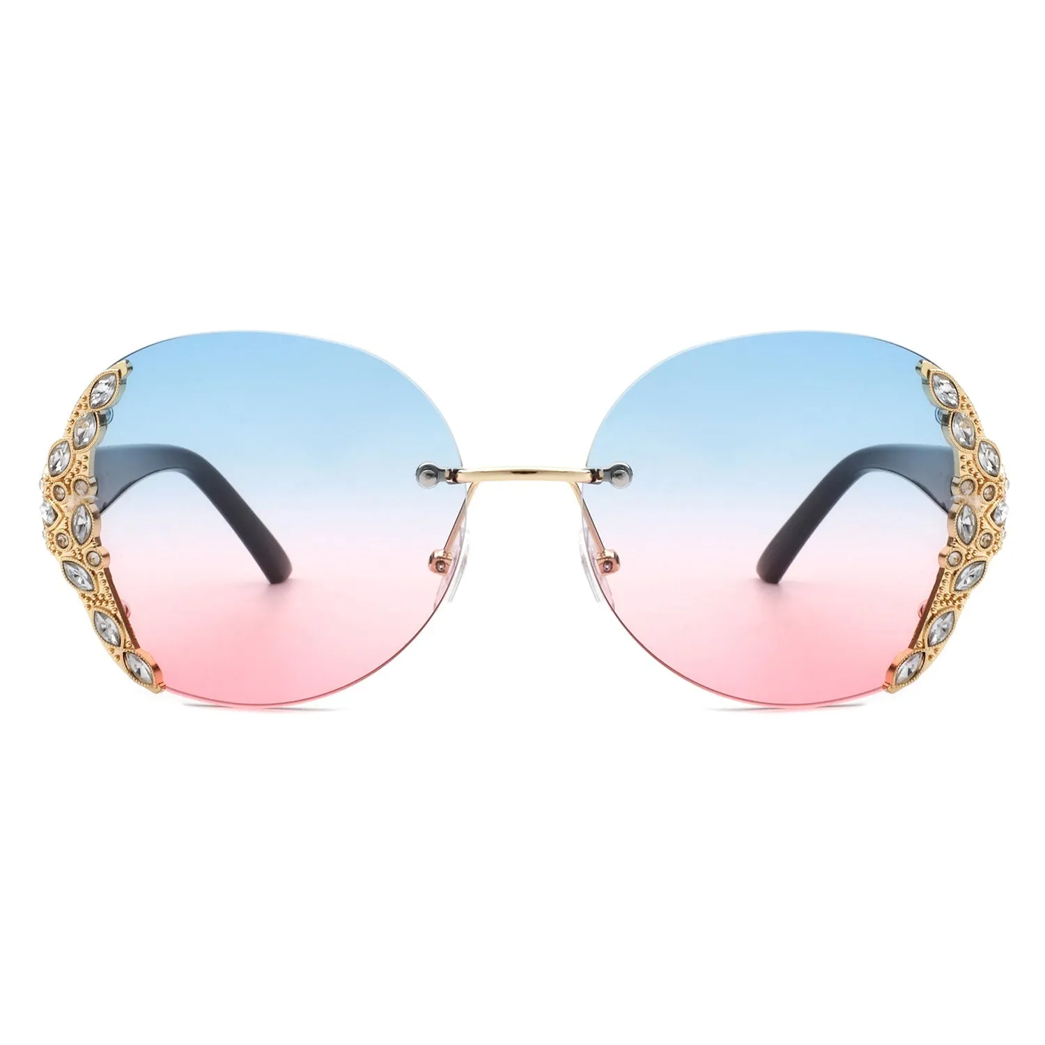 Oval Rimless Rhinestone Round Oversize Sunglasses