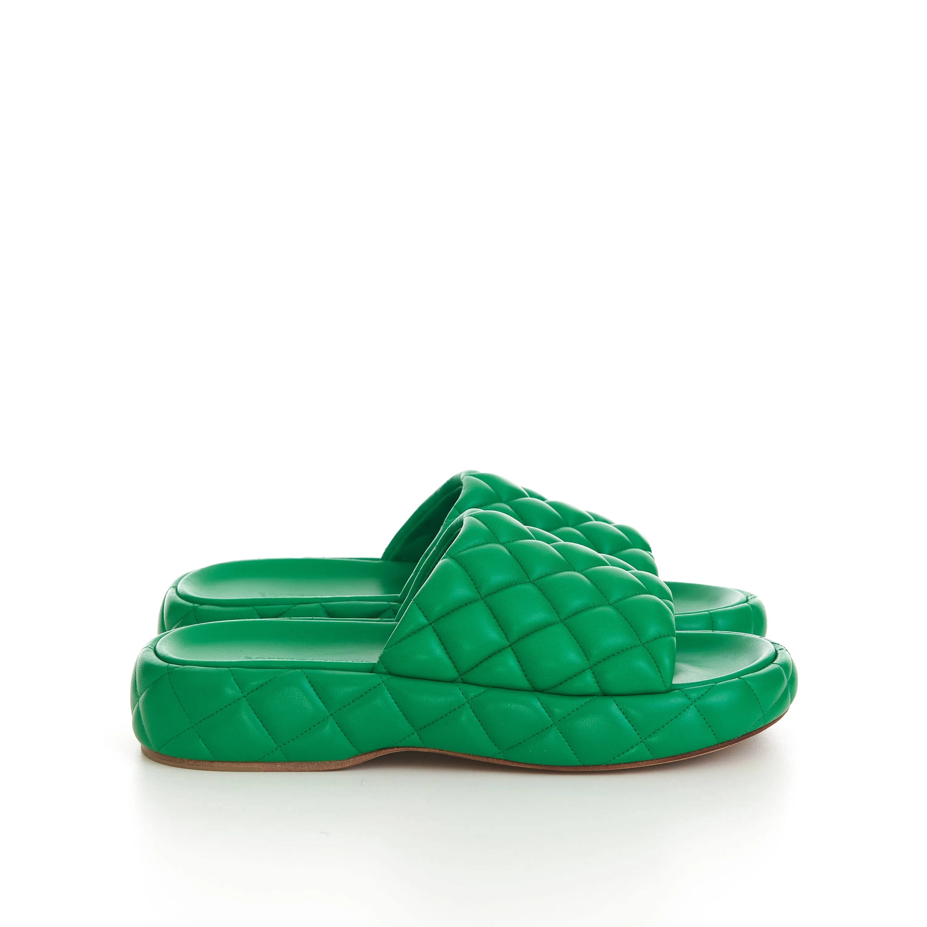 Padded Sandals In Parakeet Green Quilted Leather