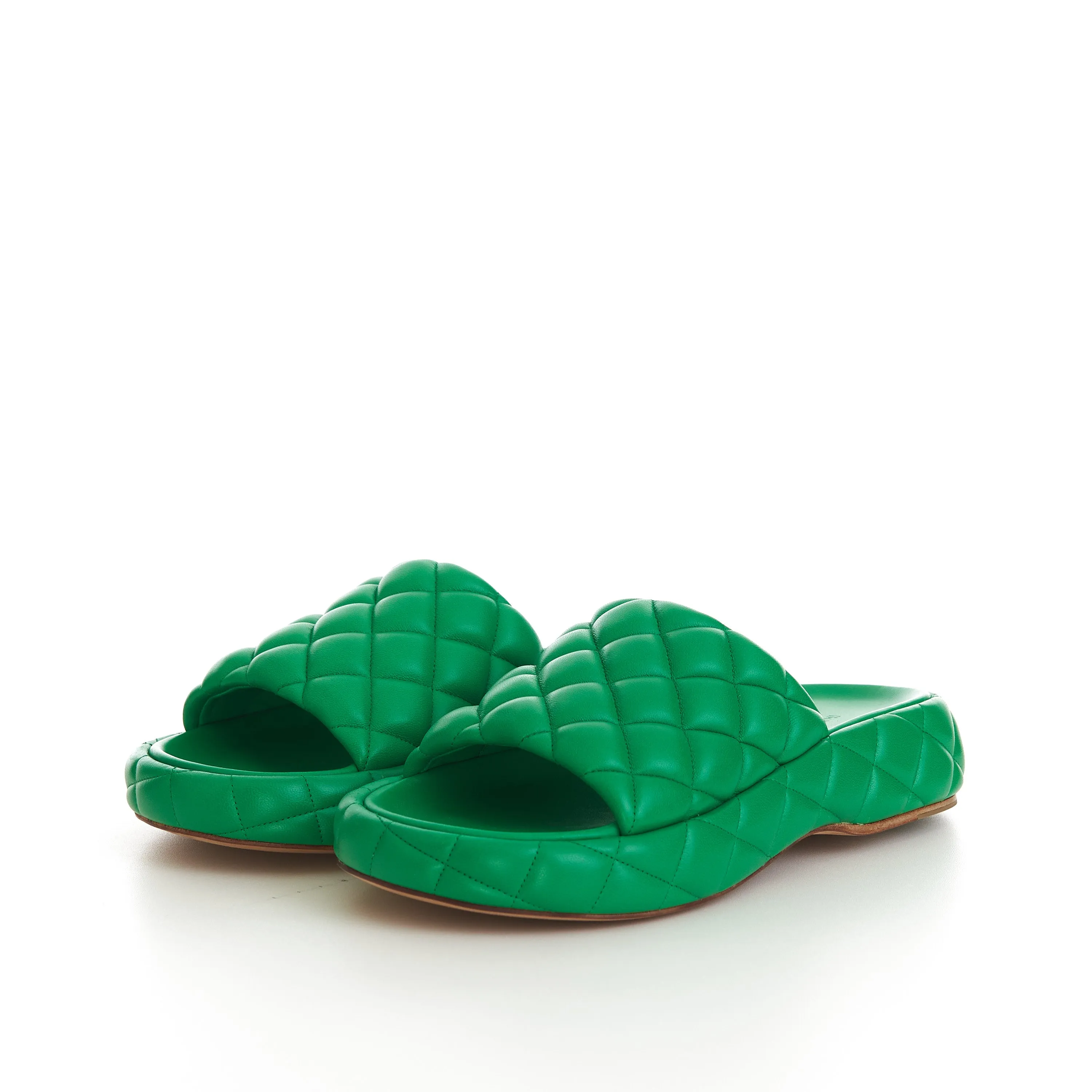 Padded Sandals In Parakeet Green Quilted Leather