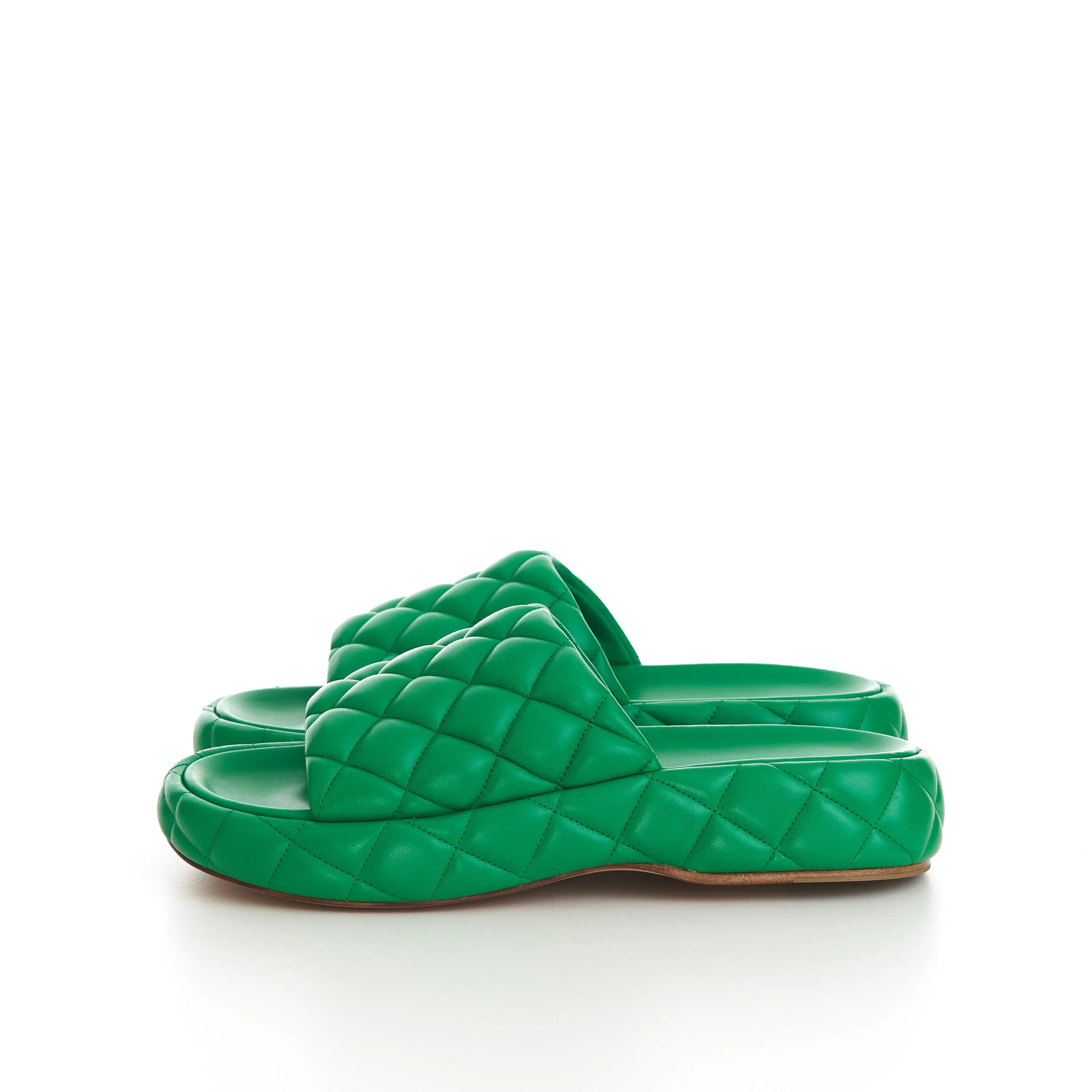 Padded Sandals In Parakeet Green Quilted Leather