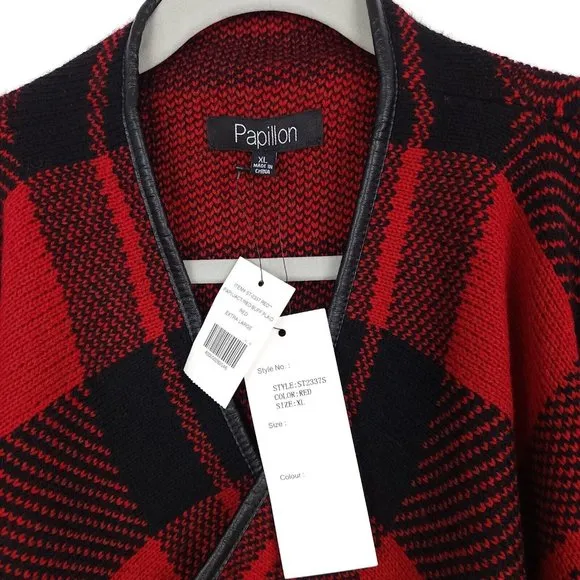 Papillon Women's XL Cardigan Sweater Fly Away Jacket Buffalo Plaid Red Black NWT