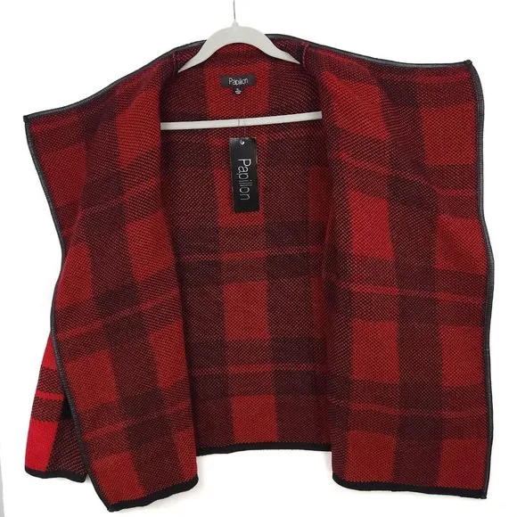 Papillon Women's XL Cardigan Sweater Fly Away Jacket Buffalo Plaid Red Black NWT