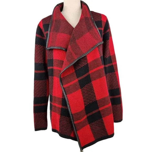 Papillon Women's XL Cardigan Sweater Fly Away Jacket Buffalo Plaid Red Black NWT