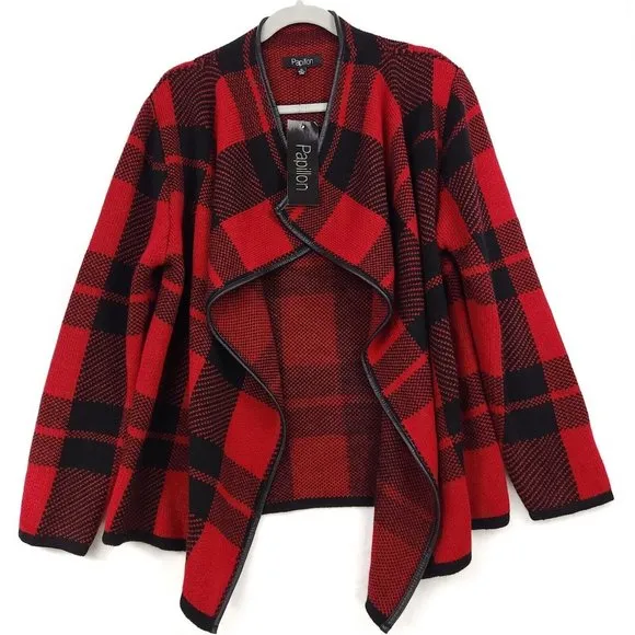 Papillon Women's XL Cardigan Sweater Fly Away Jacket Buffalo Plaid Red Black NWT
