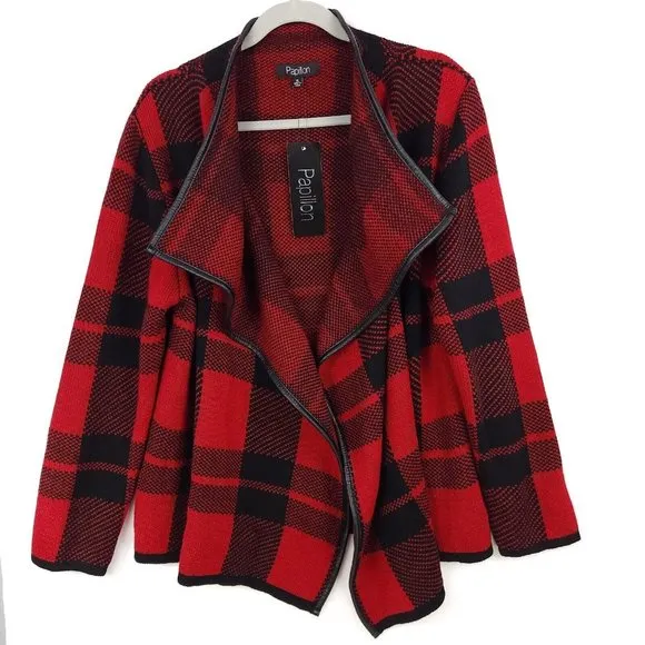 Papillon Women's XL Cardigan Sweater Fly Away Jacket Buffalo Plaid Red Black NWT