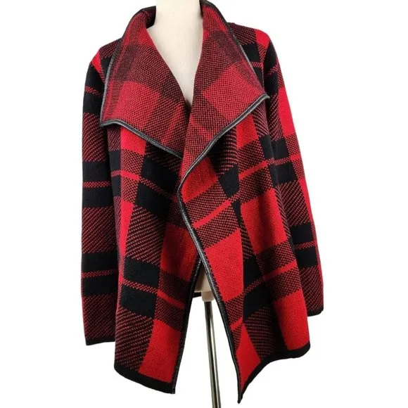 Papillon Women's XL Cardigan Sweater Fly Away Jacket Buffalo Plaid Red Black NWT