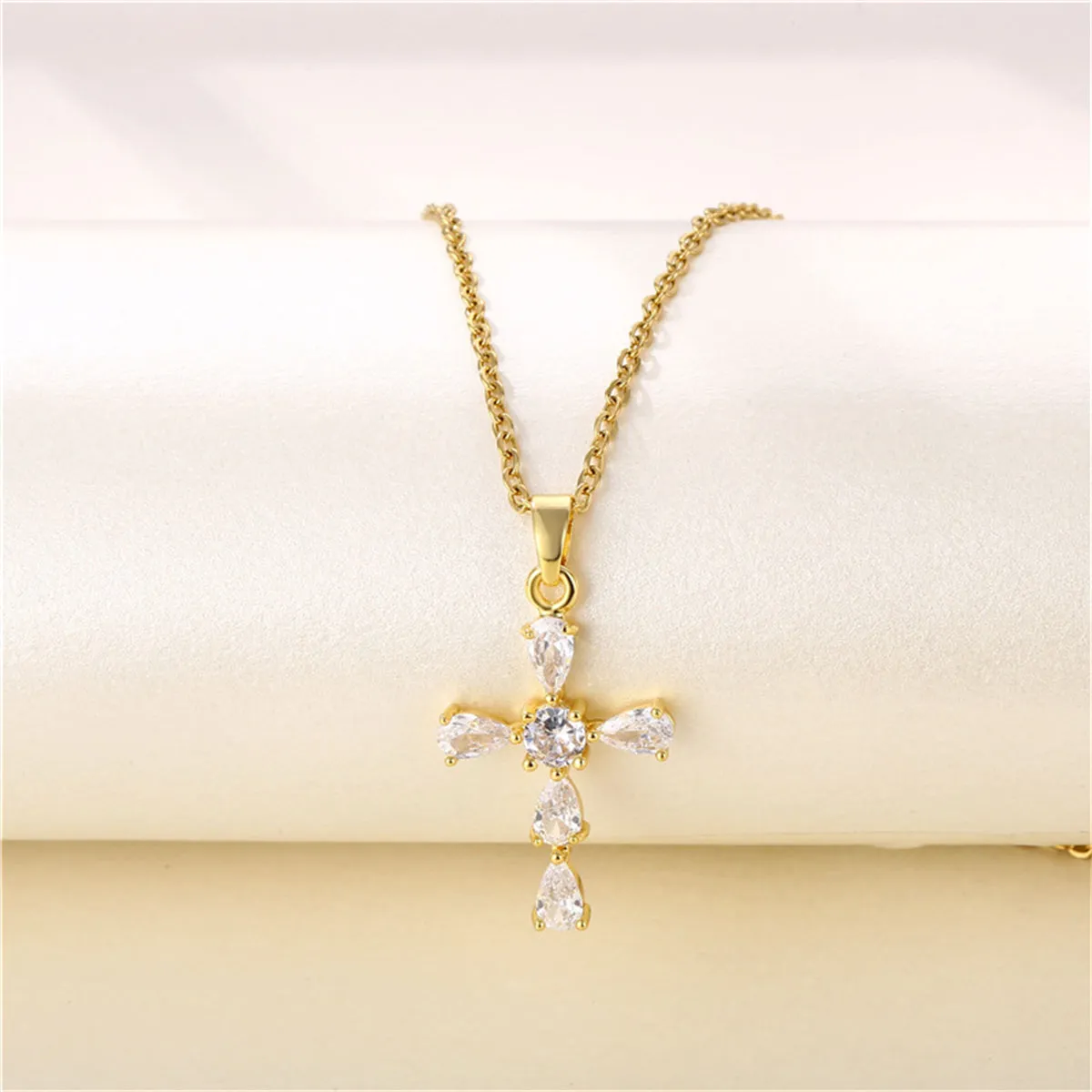 Pear-Cut Crystal & 18K Gold-Plated Cross Pendant Necklace
