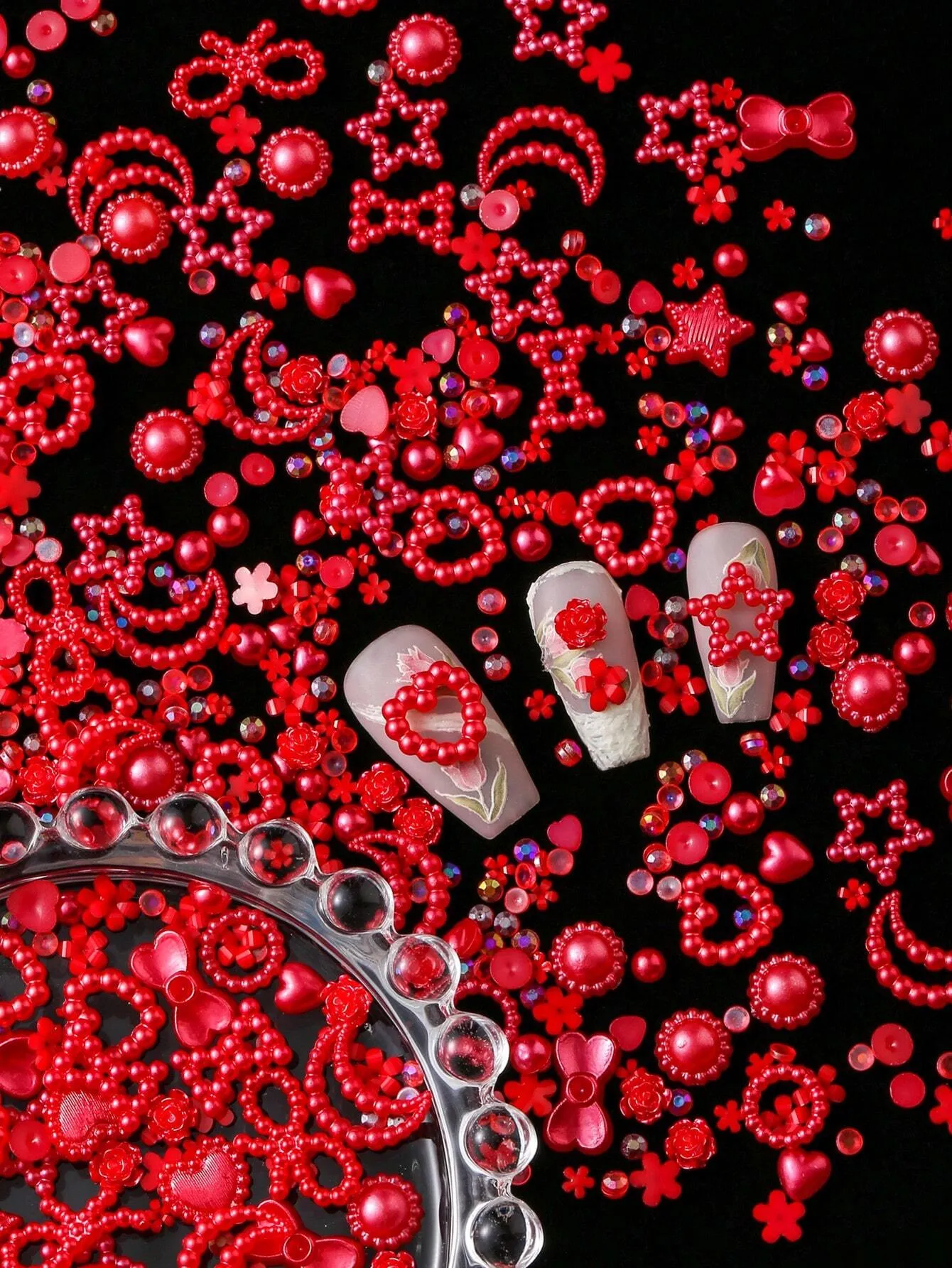 Pearl Accent Bow Hollow Heart Shaped DIY 3D Nail Art Accessories