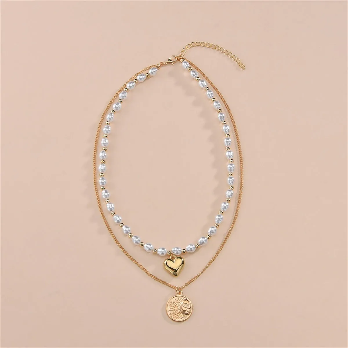 Pearl & 18K Gold-Plated Heart Sun Coin Layered Necklace