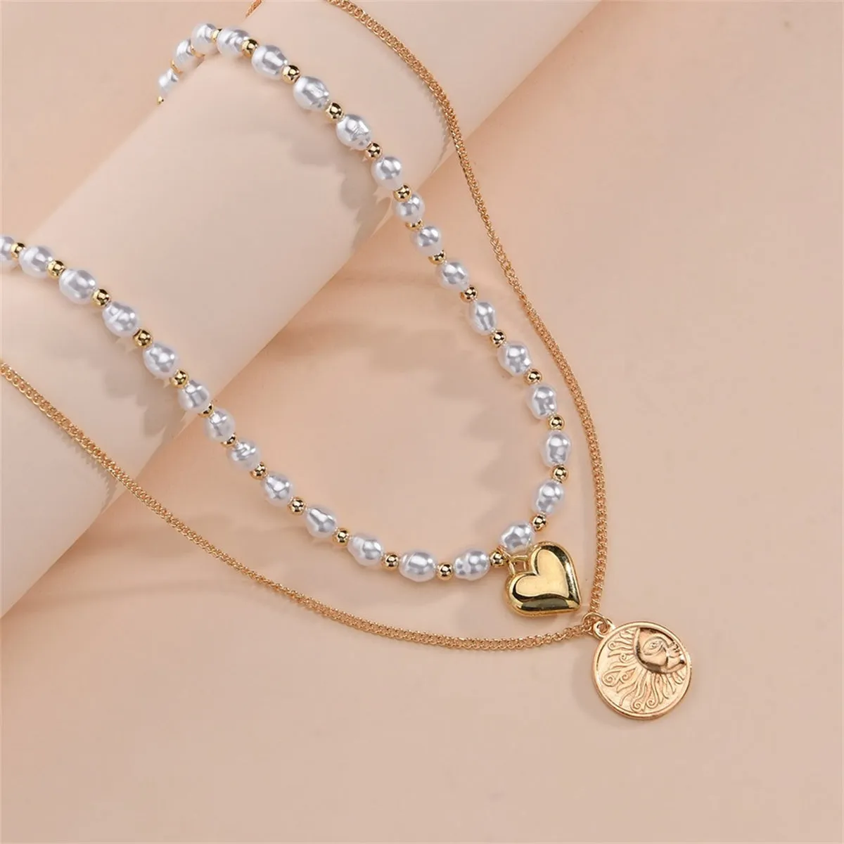 Pearl & 18K Gold-Plated Heart Sun Coin Layered Necklace