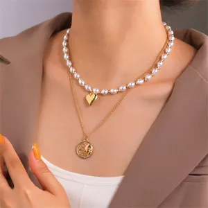 Pearl & 18K Gold-Plated Heart Sun Coin Layered Necklace