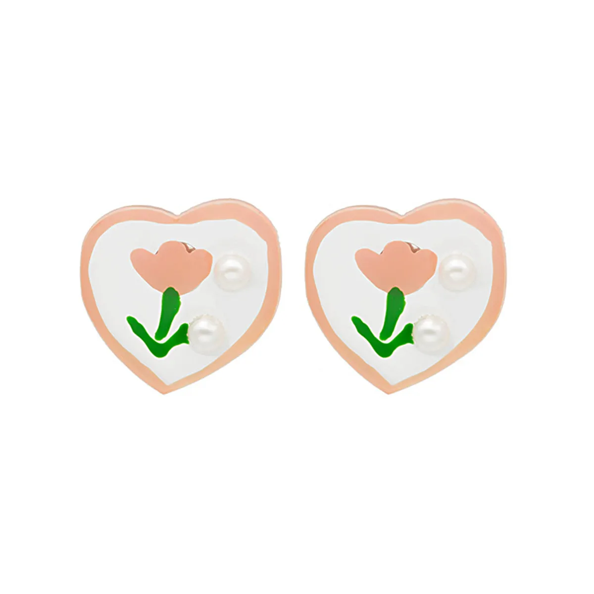 Pearl & Pink Tulip Heart Stud Earrings