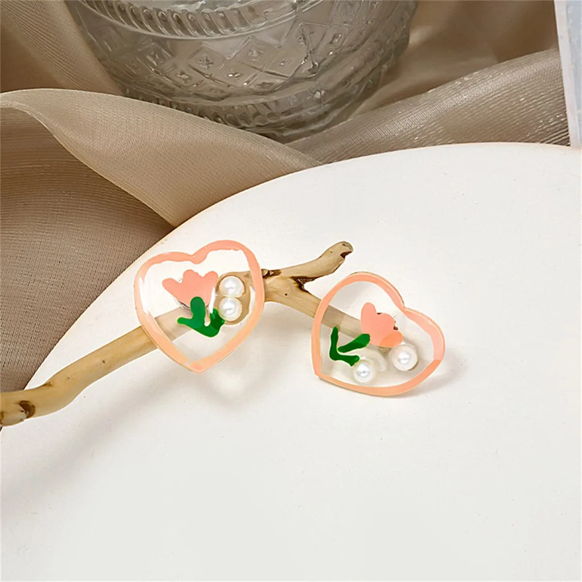 Pearl & Pink Tulip Heart Stud Earrings