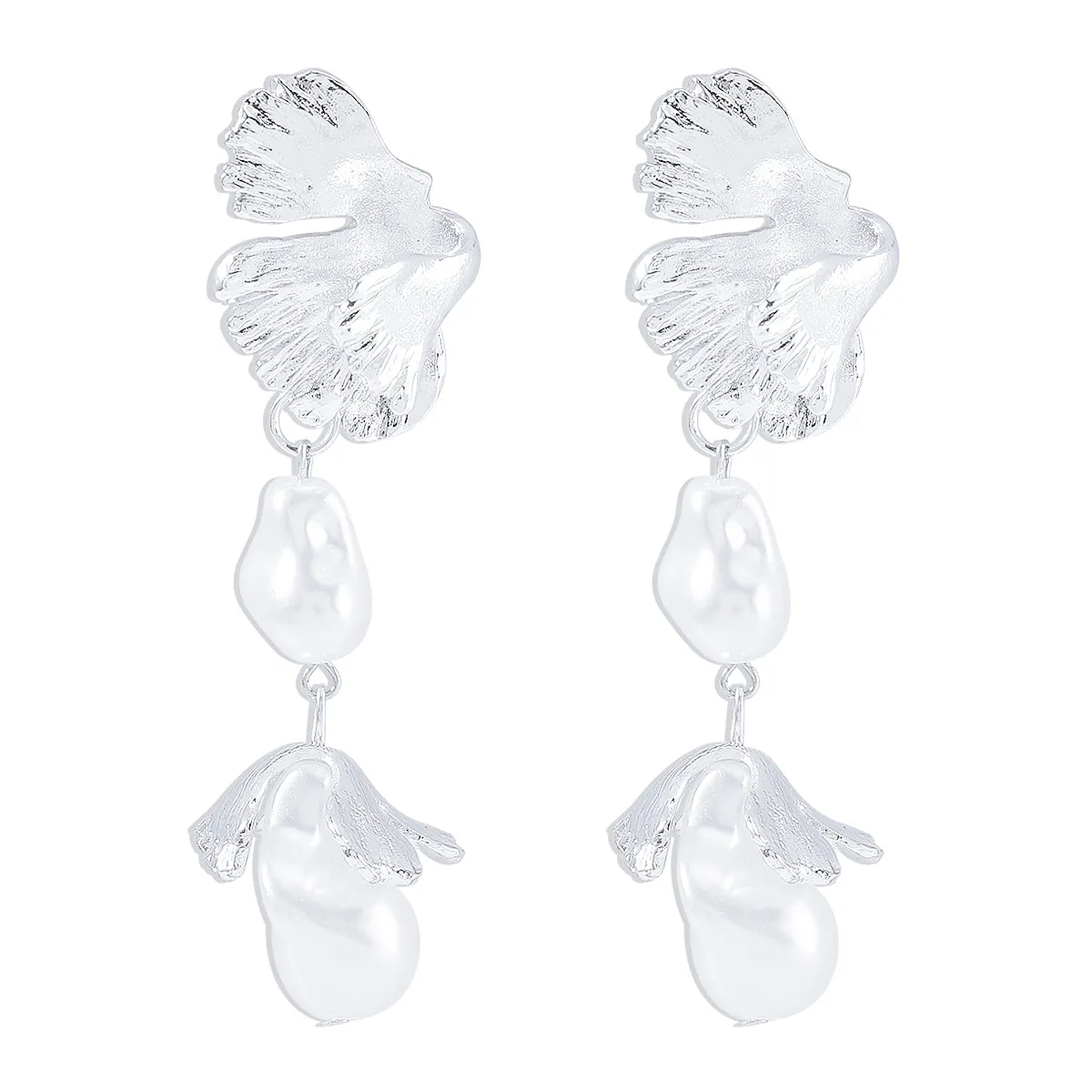 Pearl & Silver-Plated Botanical Drop Earrings