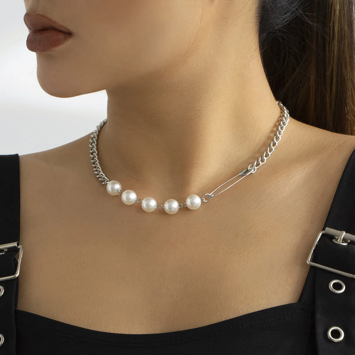 Pearl & Silver-Plated Pin Choker Necklace