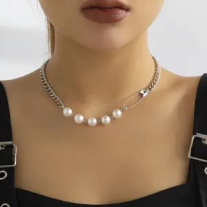 Pearl & Silver-Plated Pin Choker Necklace