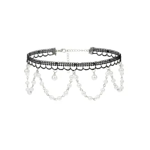 Pearl & Silver-Plated Tasseled Lace Choker Necklace