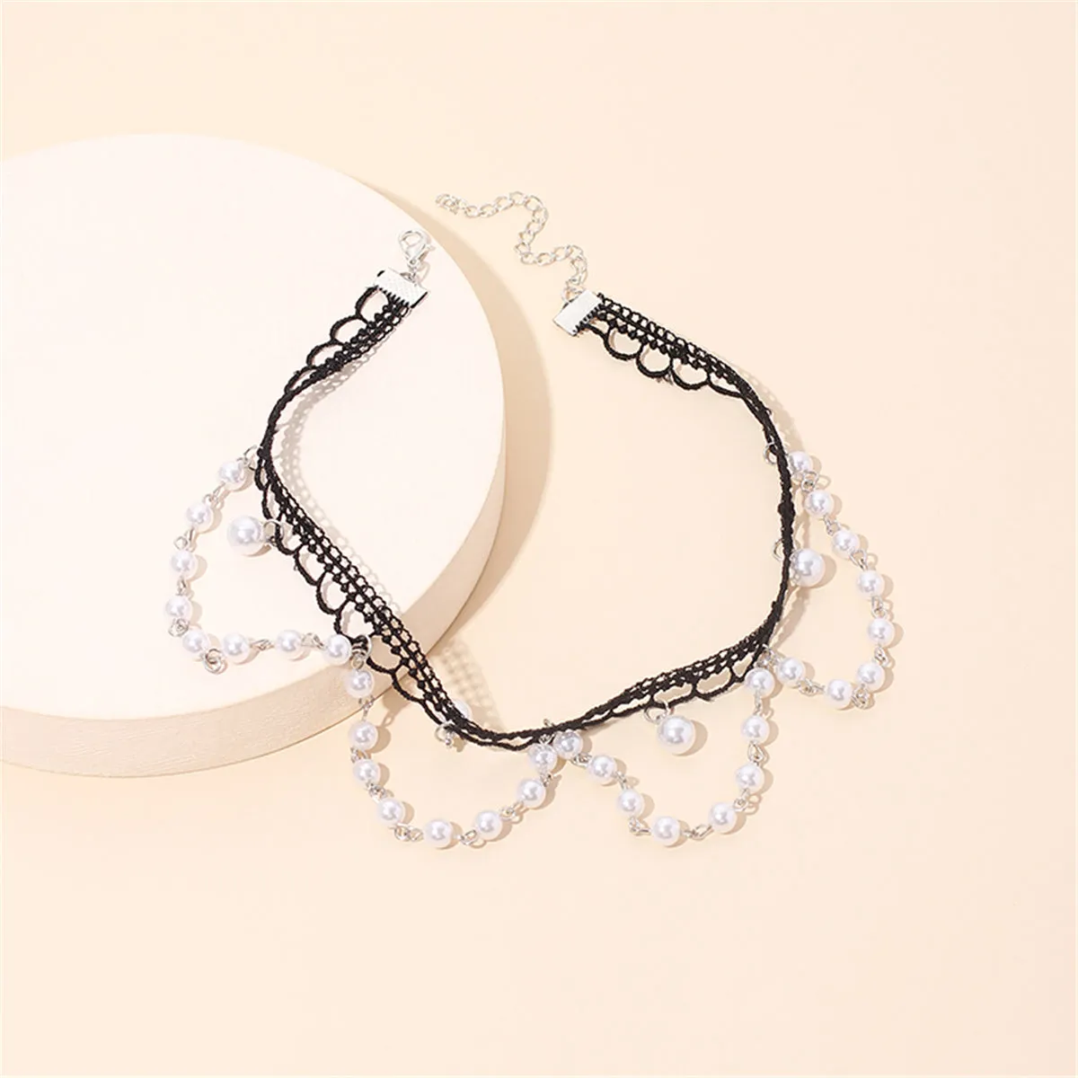 Pearl & Silver-Plated Tasseled Lace Choker Necklace