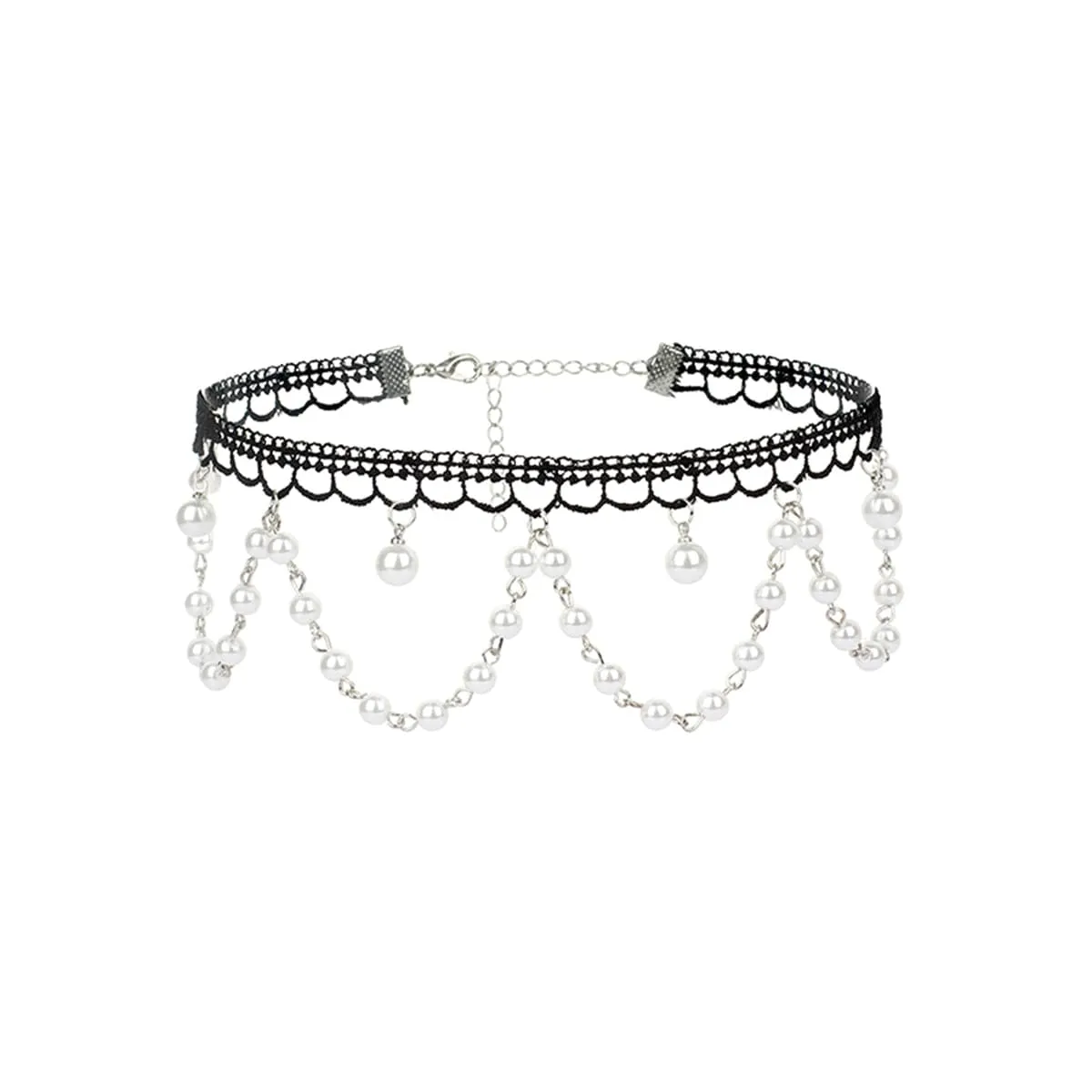 Pearl & Silver-Plated Tasseled Lace Choker Necklace